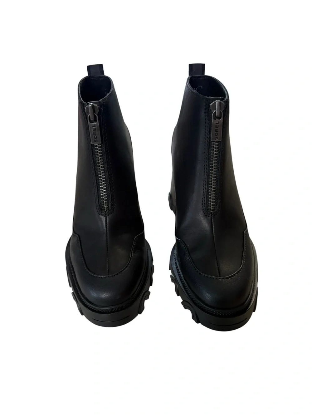 Sorel size 7.5 brex booties heeled Black Front-Zip Chunky Lug Heel Ankle Boots